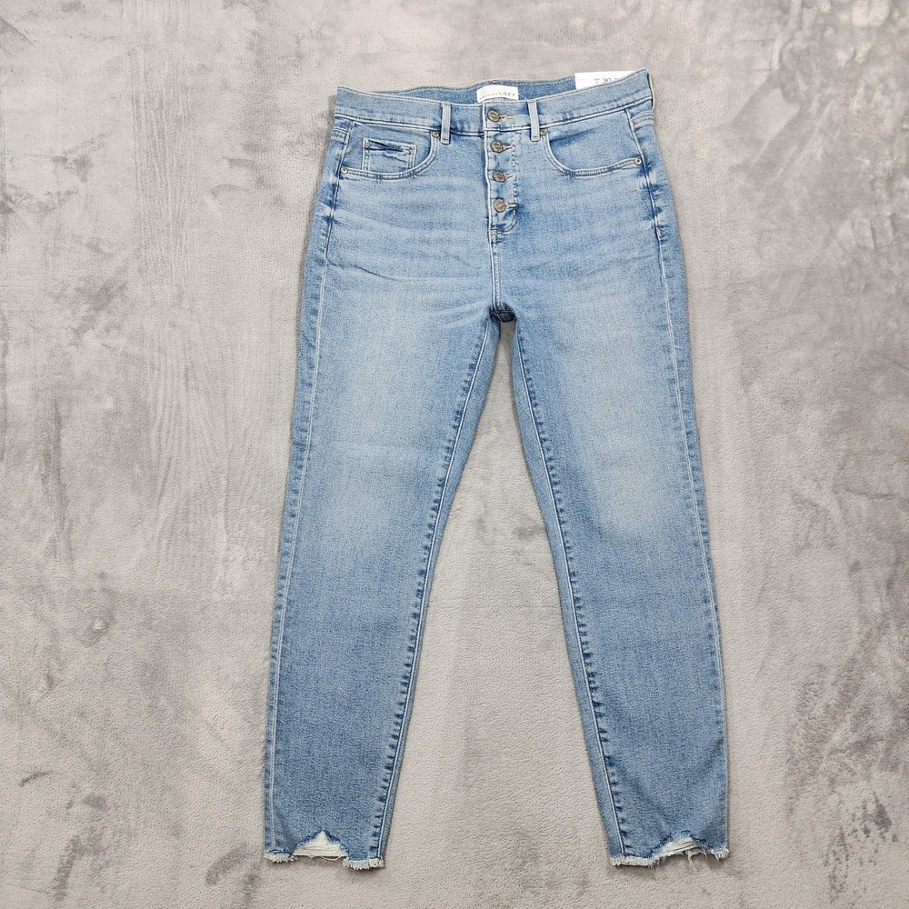 NEW LOFT Jeans Womens 10 Blue High Waist Skinny Crop Button Fly Distressed Denim